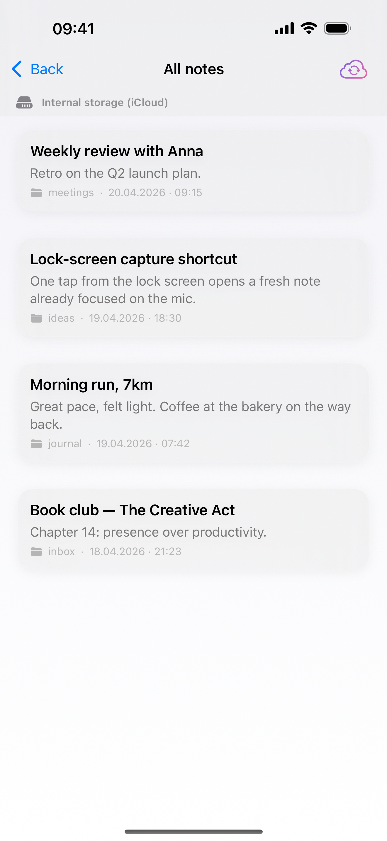 Notes list inside VaultJot showing recently captured Markdown notes.