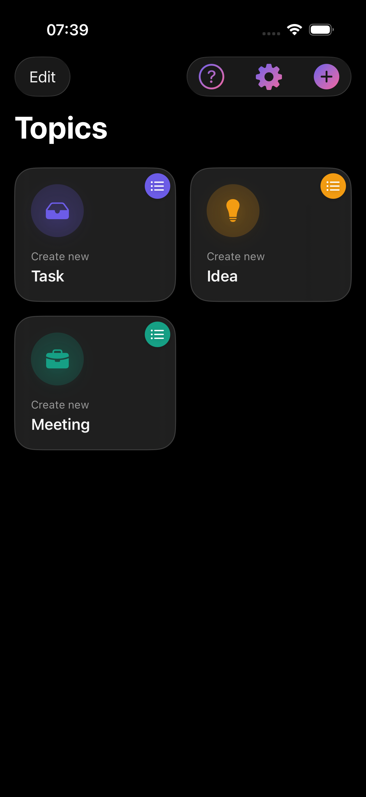 VaultJot iPhone app home screen with customizable capture topics.