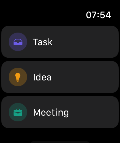 Apple Watch screen showing color-coded topics: Task, Idea, Meeting.